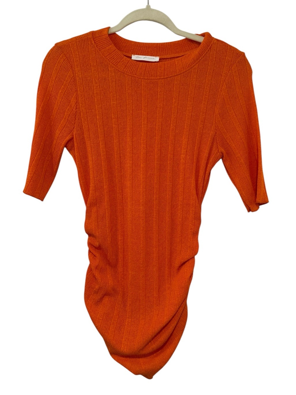 Ces Femme Medium Orange Ribbed Knit Ruched Tunic Top Made in USA